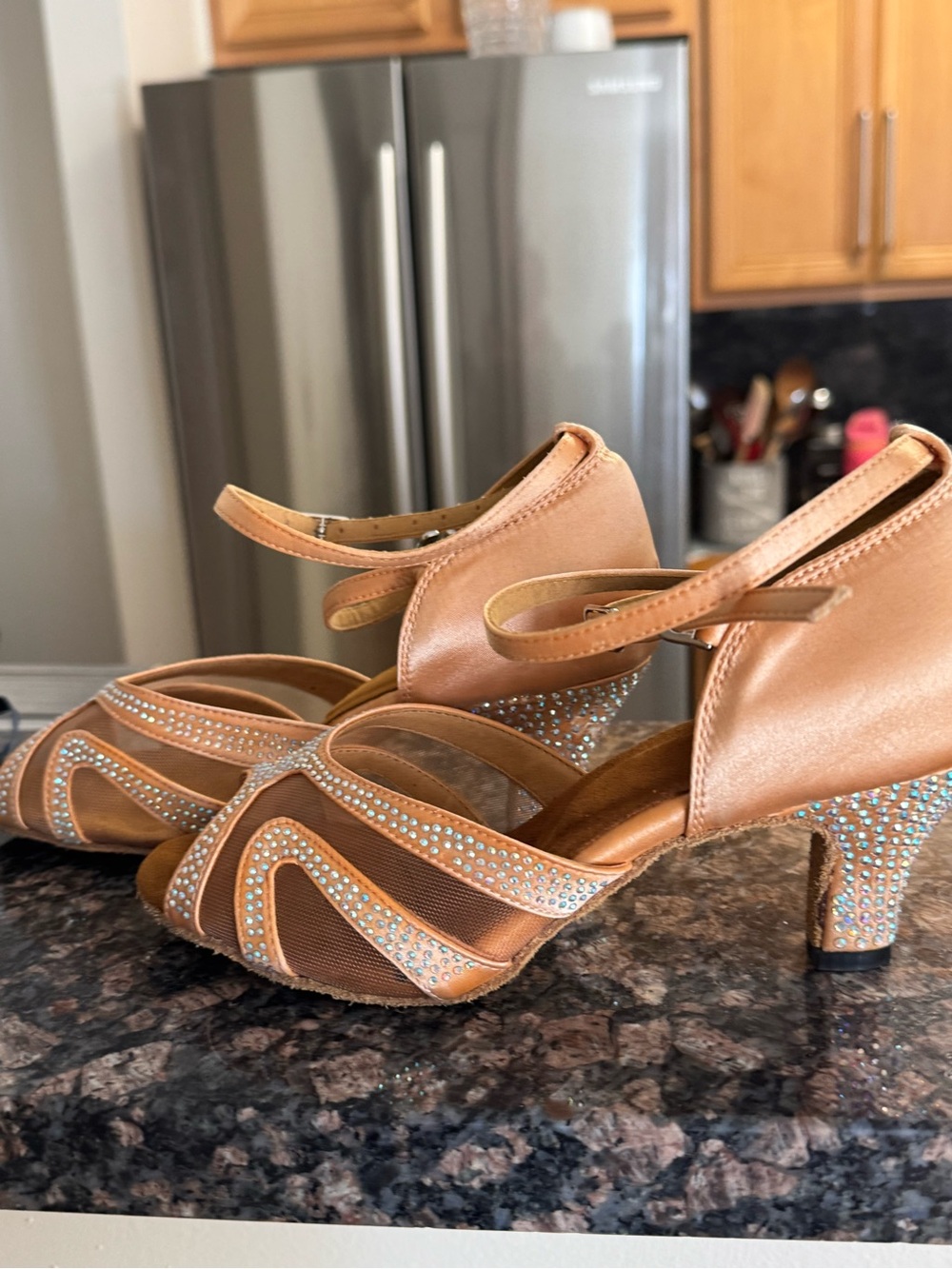 Women's Ballroom Dance Heels in Champagne with Rhinestones